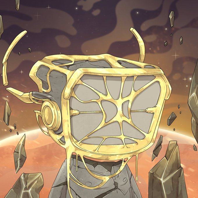 A digital illustration of a golden, web-like mask or helmet with antenna-like protrusions set against a cosmic orange and purple background with floating rock fragments.