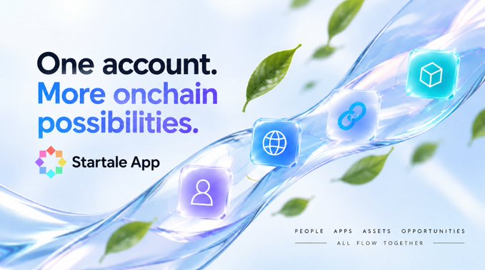 A promotional banner for Startale App featuring the text 'One account. More onchain possibilities.' alongside the tagline 'PEOPLE APPS ASSETS OPPORTUNITIES ALL FLOW TOGETHER', with floating blue icons and green leaves.
