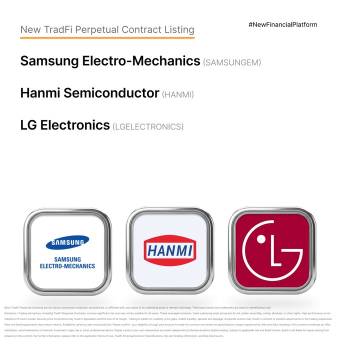A promotional graphic from Bybit announcing the listing of three new TradFi perpetual contracts—Samsung Electro-Mechanics (SAMSUNGEM), Hanmi Semiconductor (HANMI), and LG Electronics (LGELECTRONICS)—with their respective company logos displayed below. The image directly corresponds to the post's announcement that $SAMSUNGEMUSDT, $HANMIUSDT, and $LGELECTRONICSUSDT are now available for trading on the platform.