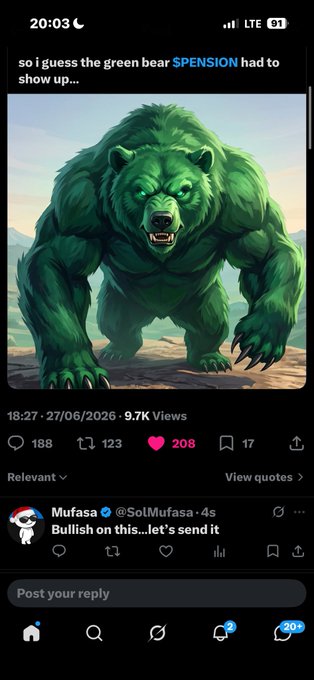 A screenshot of a tweet featuring an illustration of a large, menacing green bear with the text "so i guess the green bear $PENSION had to show up..." Below, a reply from @SolMufasa reads "Bullish on this...let's send it," matching the bullish sentiment conveyed by the accompanying message about sending the token.