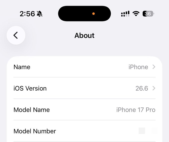 A screenshot showing the "About" section of an iPhone 17 Pro running iOS Version 26.6. The image likely illustrates a new device or recent update, tying into the post's grateful tone by showcasing the upgraded technology.