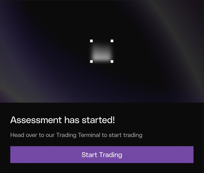 The image shows an email notification screen with a purple header, stating that "Assessment has started!". The email contains information about a new assessment challenge related to trading strategies for cryptocurrency markets. It also mentions that the trader needs to head over to their Trading Terminal to start trading.