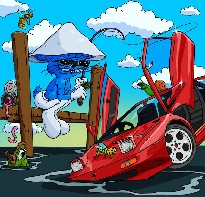 A cartoon illustration of a blue cat smoking a pipe while sitting on a fence next to a red sports car with its doors open upward.