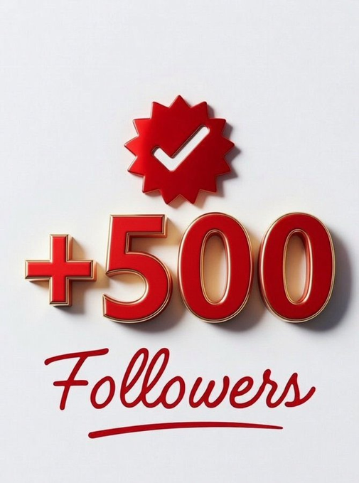 A 3D-style graphic celebrating '+500 Followers' in red text with a checkmark badge, likely used as social media milestone artwork.