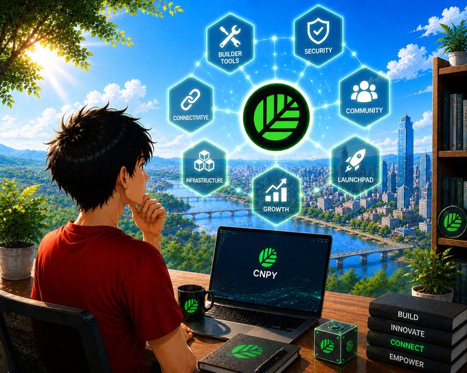 A promotional image showing a young man looking at a laptop displaying "CNPY" with hexagonal icons highlighting Builder Tools, Security, Community, Launchpad, Connectivity, Infrastructure, and Growth.