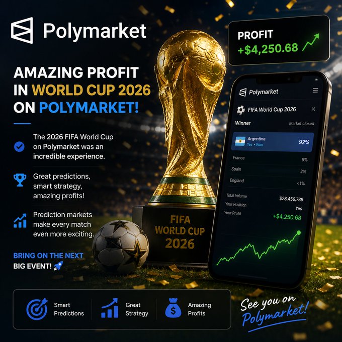 The image is a promotional graphic for Polymarket featuring a golden FIFA World Cup 2026 trophy, a soccer ball, and a smartphone displaying prediction market results with Argentina at 92% as the winner. It highlights a profit of "+$4,250.68" from the event, aligning with the post's celebration of earning money through World Cup predictions on the platform.