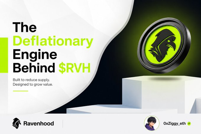 A promotional graphic reads 'The Deflationary Engine Behind $RVH' with text 'Built to reduce supply. Designed to grow value.' and logos for 'Ravenhood' and '0xZiggy_eth'.