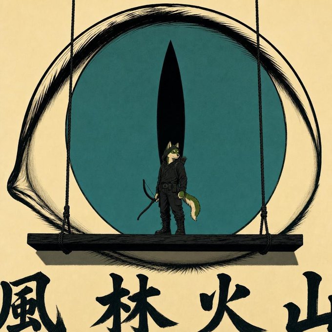 An illustrated poster depicts a small anthropomorphic fox character holding a bow and tail, standing on a hanging wooden plank against a large teal circle with black Japanese kanji characters at the bottom.