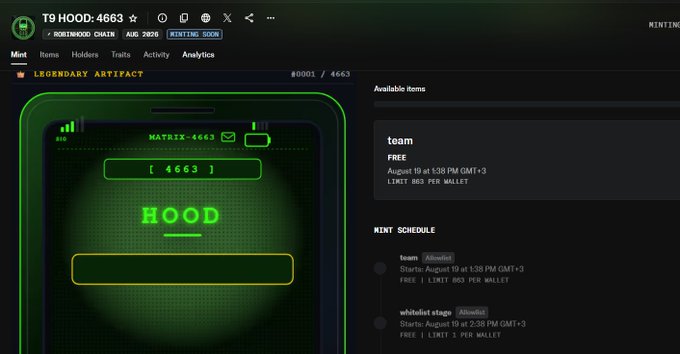 The image shows a NFT minting page for "T9 HOOD: 4663" on the Robiehood Chain, featuring a green "HOOD" Legendary Artifact (#0001/4663) with a "FREE" team mint scheduled for August 19 at 1:38 PM GMT+3, limited to 863 per wallet. This aligns with the post announcing an OpenSea listing and upcoming free mint eligibility for the T9 Hood NFT collection.