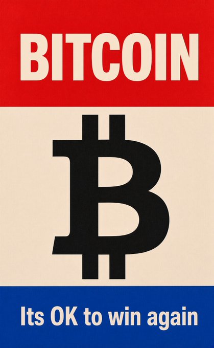 A graphic poster with a red top banner reading 'BITCOIN' in cream letters, the Bitcoin ₿ symbol in the center, and a blue bottom banner stating 'Its OK to win again'.