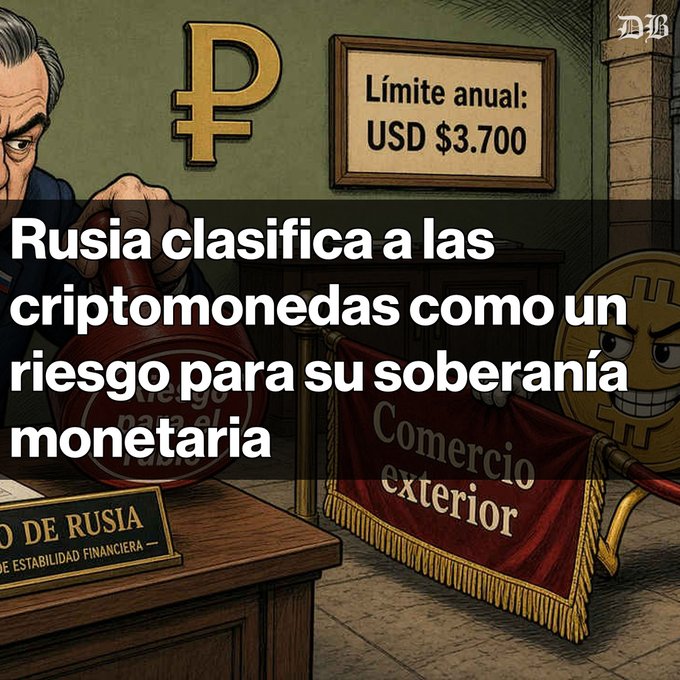 A Spanish-language news graphic stating 'Rusia clasifica a las criptomonedas como un riesgo para su soberanía monetaria,' with an illustration of a Russian bank official and Bitcoin symbol with an annual limit of USD $3,700.