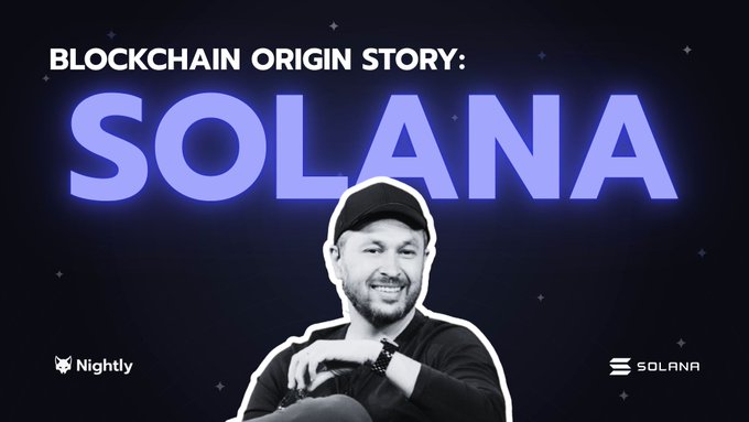 The image features a man wearing a black hat sitting down with his arms crossed. The background of the image is dark blue, and there are stars scattered throughout the scene. The text "Blockchain Origin Story: Solana" is written above the man's head in white letters.