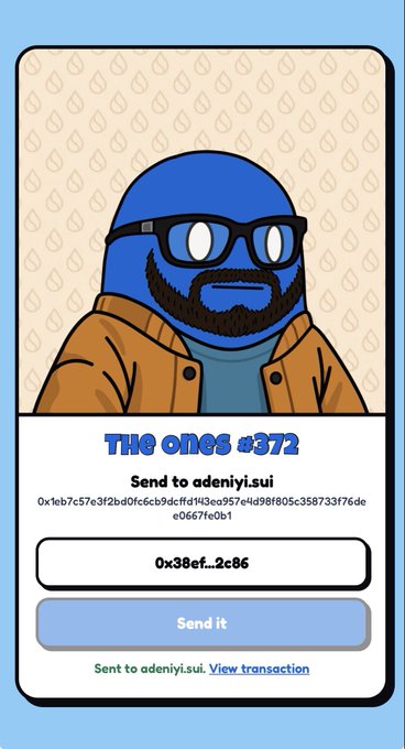 A digital collectible or NFT card featuring a cartoon avatar of a bearded man with glasses, titled 'The ones #372' with instructions to send to 'adeniyi.sui'.