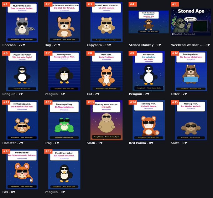 A collection of 17 cartoon animal meme cards featuring characters like Raccoon, Dog, Capybara, Stoned Monkey, Penguin, Cat, Otter, Hamster, Frog, Sloth, Red Panda, and Fox with humorous German text captions.