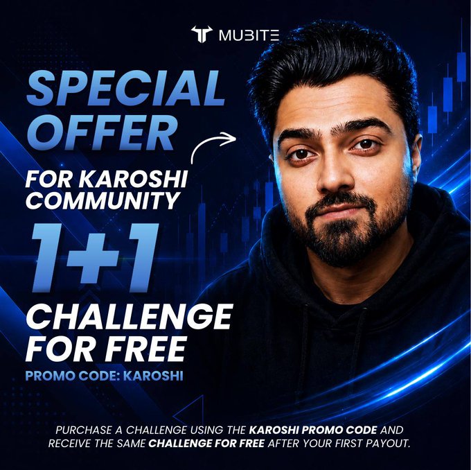 The image features a man with a beard wearing a black hoodie posing against a blue background. The text displayed on the image reads "Special Offer for Karoshi Community", which suggests that there might be an offer related to investing or trading within the Karoshi community. The image also includes a code, KAROSHI, which could potentially be used as part of a challenge or competition involving the Karoshi community.