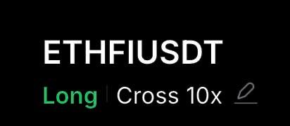 A black screen showing white text 'ETHFIUSDT' with 'Long' in green and 'Cross 10x' indicating a crypto trading position.
