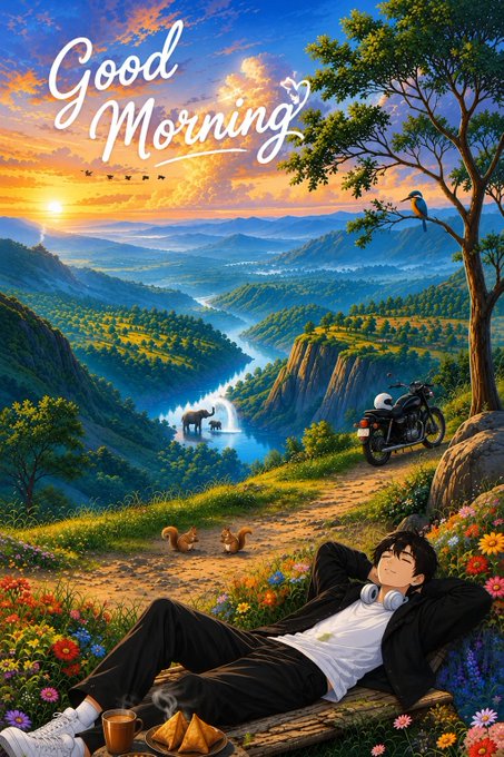 Illustrated 'Good Morning' greeting card showing a young man relaxing in a scenic mountain landscape at sunrise with a motorcycle, birds, and squirrels.