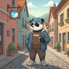 The image features a cartoon panda wearing sunglasses, a hat, and a jacket standing on a cobblestone street with buildings behind him. The panda appears to be holding a cup of coffee while posing for the photo. The scene also includes a sign that reads "TermMax" in blue letters, which is likely related to the panda's character or the post it was created for.
