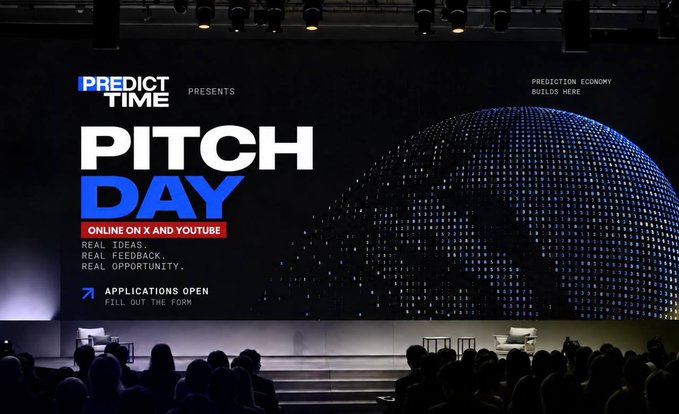 A promotional image for "PREDICT TIME PRESENTS PITCH DAY" event on X and YouTube, featuring text "REAL IDEAS. REAL FEEDBACK. REAL OPPORTUNITY" with applications open and a dome graphic in the background.