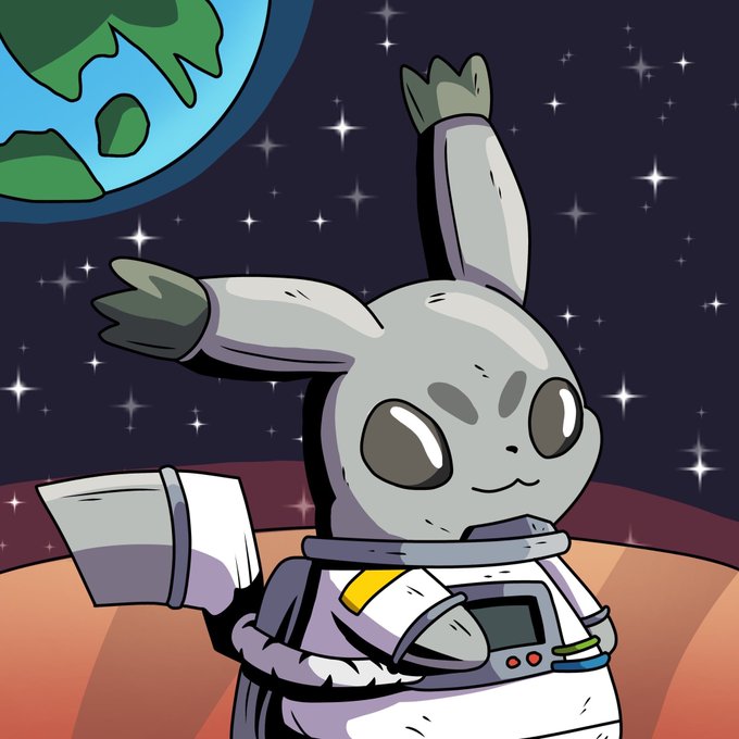 An illustration of a grey cartoon rabbit in a spacesuit, holding a device, with Earth visible in the starry background.