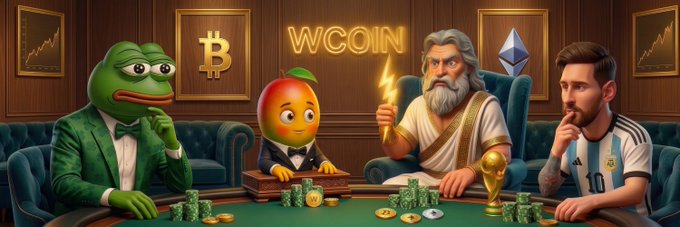 A cartoon-style illustration showing a poker game with characters including Pepe the Frog, a mango in a suit, Zeus holding a lightning bolt, and Messi, playing under a 'WCOIN' sign with Bitcoin and Ethereum logos.