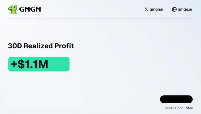 A screenshot from GMGN showing a 30-day realized profit of +$1.1M, illustrating the substantial gains highlighted in the post claiming "So much money to be made in memecoins." The interface also displays the @gmgn.ai handle and an invite code "dani" at the bottom.