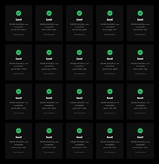 A dark interface displays a grid of identical cards, each with a green checkmark and the text 'Saved' followed by 'You're listening on the web'.
