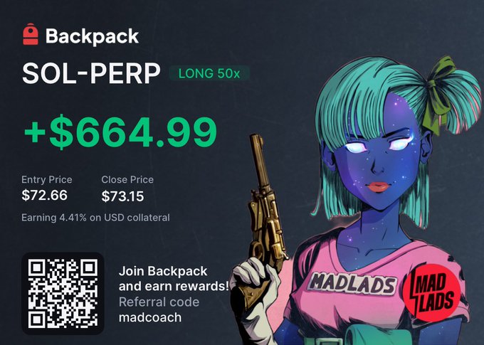 A promotional graphic for 'Backpack' shows a trading profit of +$664.99 on a SOL-PERP long position with a 50x leverage, featuring an anime-style character in a 'MADLADS' shirt holding a gold revolver.