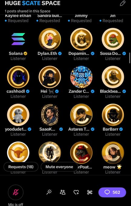 The image shows a Twitter/X "Spaces" audio room titled "HUGE $CATE SPACE" featuring 1 post and displaying a list of participants including Solana, Dylan.Eth, Dopamin, cashhodl, Hei, Zander C., Blackbea..., yoodudel..., SaaOK..., Astares T., BarBarr, and others, all with "Listener" roles except four "Requested" speakers (Kaylee ethan, Sandra bui..., Jimmy, Jin). The post thanks @solana for joining the space, which directly corresponds to the highlighted "Solana" profile (complete with a Solana logo checkmark) appearing as a participant in the space.