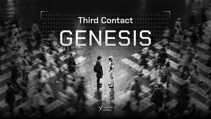 A promotional image for "Third Contact: GENESIS" by Inverted Lambda, showing two figures standing at a crosswalk surrounded by blurred crowds in black and white.