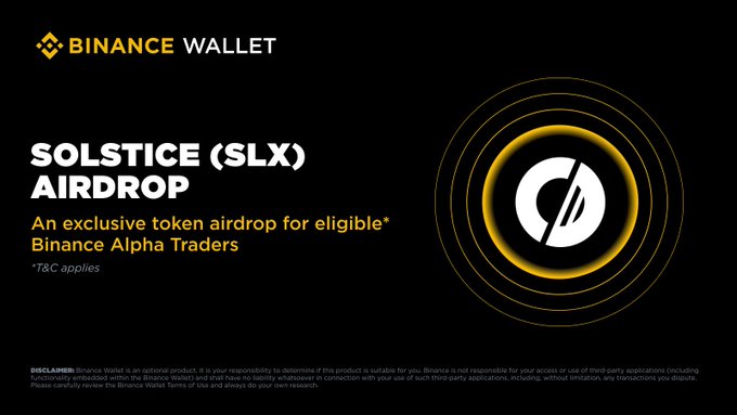 A black and white logo for Solstice Airdrop, an exclusive token for Bitcoin Alpha Traders, is displayed against a light brown background with the text "Binance Wallet" at the top.