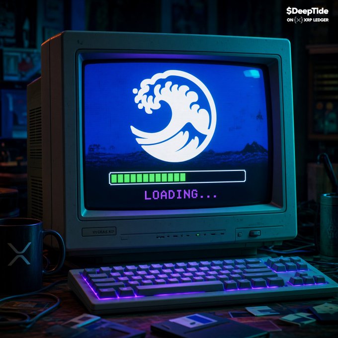 A retro CRT monitor displays a "LOADING..." screen featuring a stylized white wave logo on a blue background, set on a desk with a glowing purple keyboard and an XRP-branded mug. Text in the top right corner reads "$DEEP TIDE ON (X) XRP LEDGER."