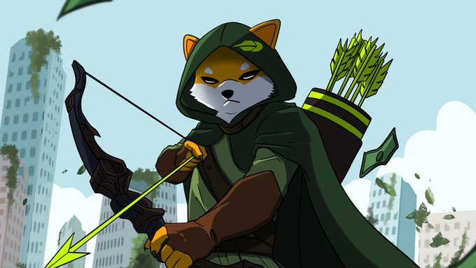 An anime-style illustration of a fox character dressed as a hooded archer, drawing a green glowing arrow with a quiver of arrows on its back, set against an overgrown urban backdrop.