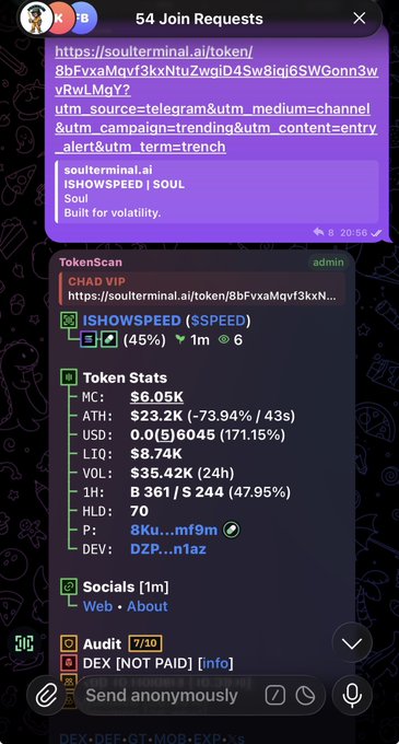 A Telegram chat screenshot showing a join request for a token on soulterminal.ai, with TokenScan data for "ISHOWSPEED ($SPEED)" displaying a price of "$35.42K" and other market statistics.