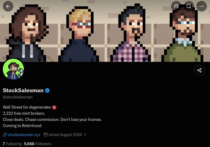 A Twitter/X profile for 'StockSalesman' (@stocksalesman) with a pixel art banner featuring four characters, describing 'Wall Street for degenerates' with 2,222 free mint brokers, Coming to Robinhood.