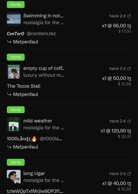 A mobile app interface showing recent NFT 'Venta' (Sales) on the Tezos blockchain, listing items from CenTero, The Tezos Stall, 1000Ländz, and others priced in tez (tz) with USD equivalents.