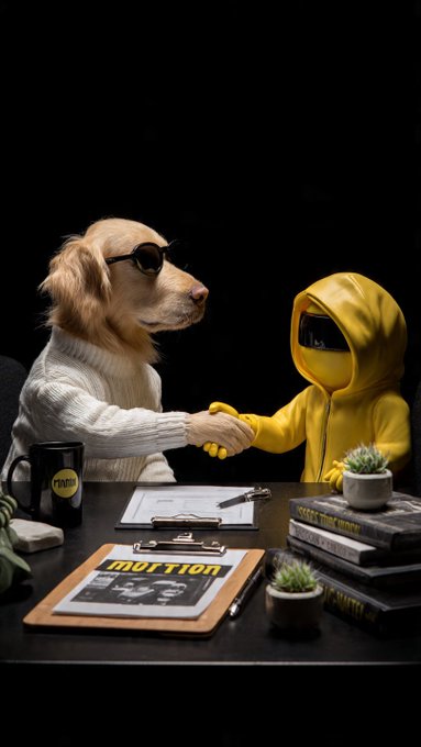 A dog wearing sunglasses and a sweater shakes hands with a yellow-hooded figure at a desk with clipboards and books.