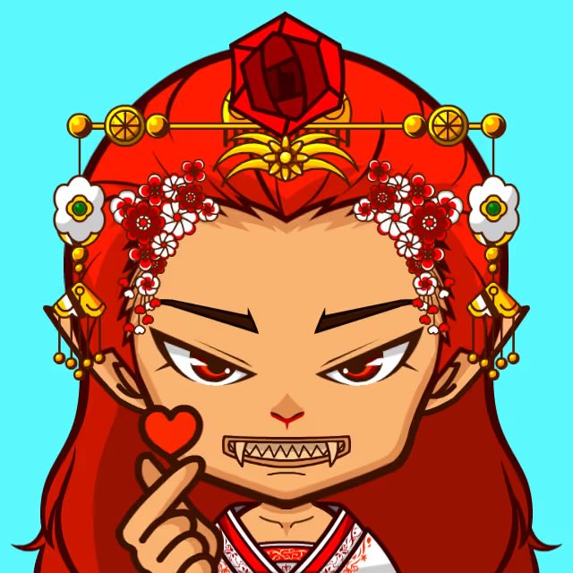 An anime-style illustration of a fierce-looking girl with red hair, fangs, a red rose headpiece, floral hair ornaments, and a heart-shaped lollipop, set against a turquoise background.