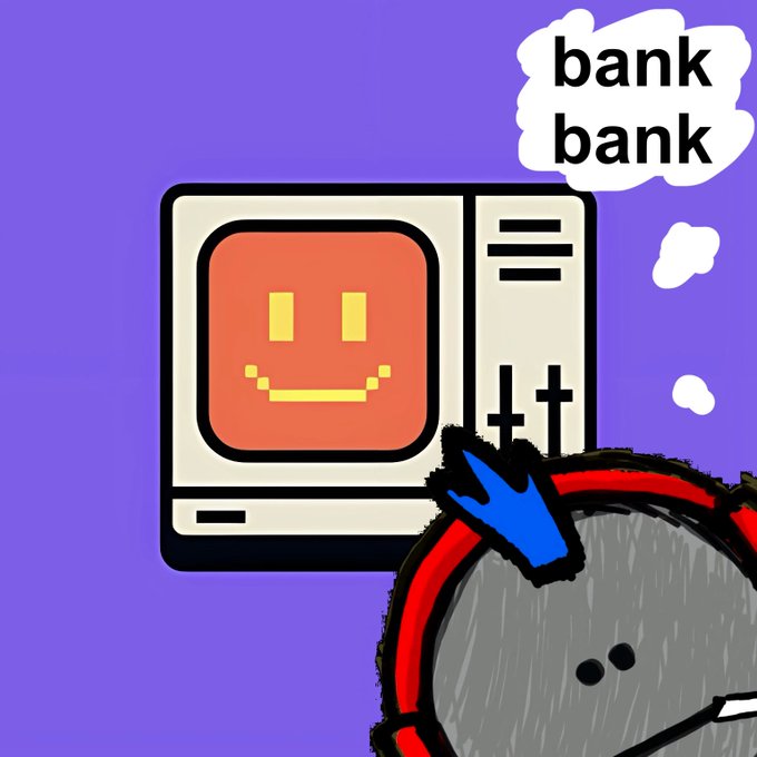 A cartoon illustration on a purple background showing a retro TV with a smiley face and a stone character thinking 'bank bank'.