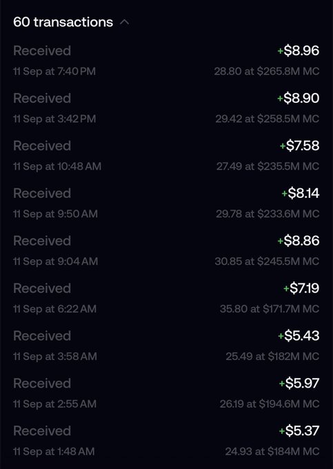 A cryptocurrency wallet transaction history showing 9 "Received" payments on September 11th, ranging from +$5.37 to +$8.96 in MC (MicroStrategy/other crypto) at various rates totaling around $66.40 for the day, illustrating the user's claim of receiving regular "cashback" payments.