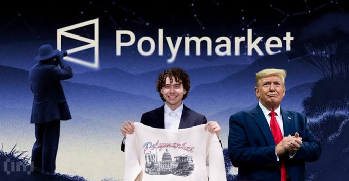The image shows the Polymarket logo and Donald Trump alongside a man holding a sweatshirt with "Polymarket" and a depiction of the U.S. Capitol building, all under a starry sky, relating to the post's goal of 1 million volume on Polymarket.