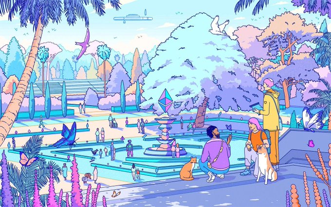 A vibrant pastel illustration shows a tranquil park scene with people enjoying fountains, statues, and tropical foliage, while a couple sits on steps with a dog—evoking a relaxed, optimistic future that matches the post's bullish 2030 thesis for Ethereum outperforming BTC and SOL, underpinned by long-term technical analysis and foundational ecosystem improvements.