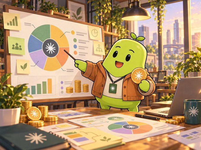 An illustrated green cartoon character wearing a brown jacket presents business charts and golden coins in an office setting, pointing at a whiteboard with a pie chart.