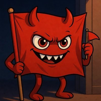 A cartoon red flag mascot with horns, sharp teeth, and a mischievous grin holds a flagpole, fitting the "RedFlags_NFT" brand featured in a post offering 5 guaranteed free mint spots for followers who engage and submit their EVM address. The devilish flag character visually embodies the project's edgy, alert-themed identity tied to the giveaway.
