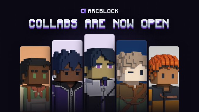 A pixel art promotional graphic with the text "ARCBLOCK" and "COLLABS ARE NOW OPEN" displayed above five diverse voxel-style character portraits, announcing that ArcBlock is accepting collaboration requests for their project, with the limited number of characters visually representing the "limited" collab spots mentioned in the post.