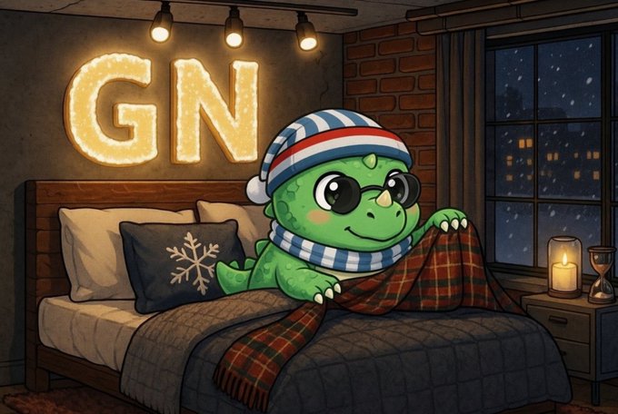Cozy digital illustration of a green cartoon dinosaur wearing a striped nightcap and scarf, tucked into a plaid blanket on a bed beneath illuminated 'GN' (goodnight) letters.