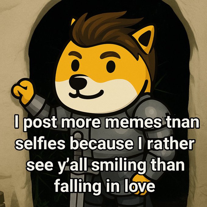 A cartoon Shiba Inu character dressed as a knight waves cheerfully from a dark stone archway, with overlaid text reading: "I post more memes tnan selfies because I rather see y'all smiling than falling in love."
