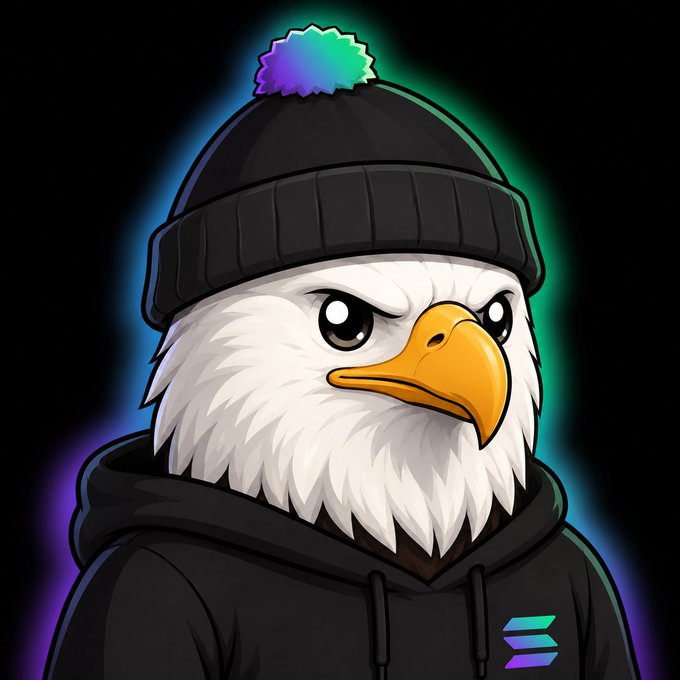 A cartoon-style illustration of a bald eagle wearing a black beanie with a colorful pom-pom and a black hoodie, featuring a Solana logo on the chest.