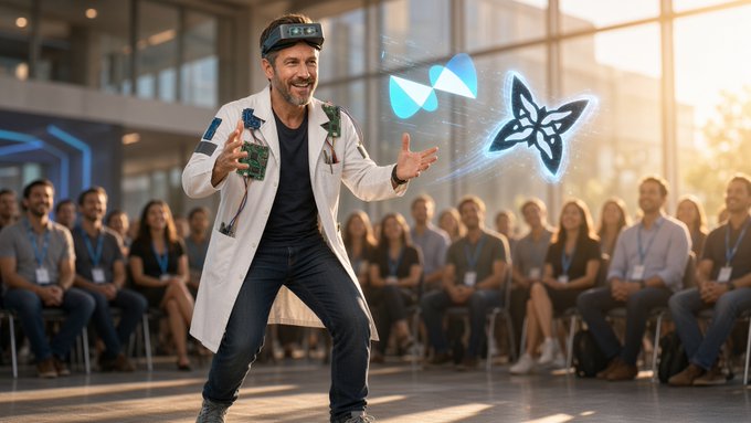 A smiling man in a white lab coat and head-mounted display gestures toward a holographic logo while presenting to a seated audience.