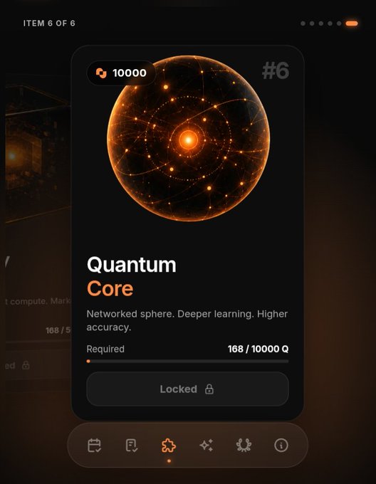 A mobile app interface shows the "Quantum Core" upgrade (#6 of 6) requiring 10,000 Q tokens, with the user currently holding only 168 Q, leaving the upgrade locked. The dark-themed screen features an orange networked sphere illustration and aligns with the promotional post about the TryQuantio ecosystem advancing into Quantum AI computation through decentralized crypto.